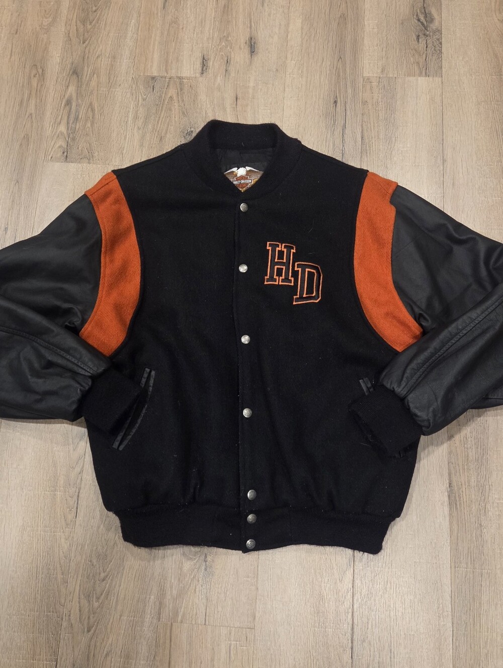 Harley Davidson Mens XL Vintage Varsity Jacket Wool Leather Orange Black